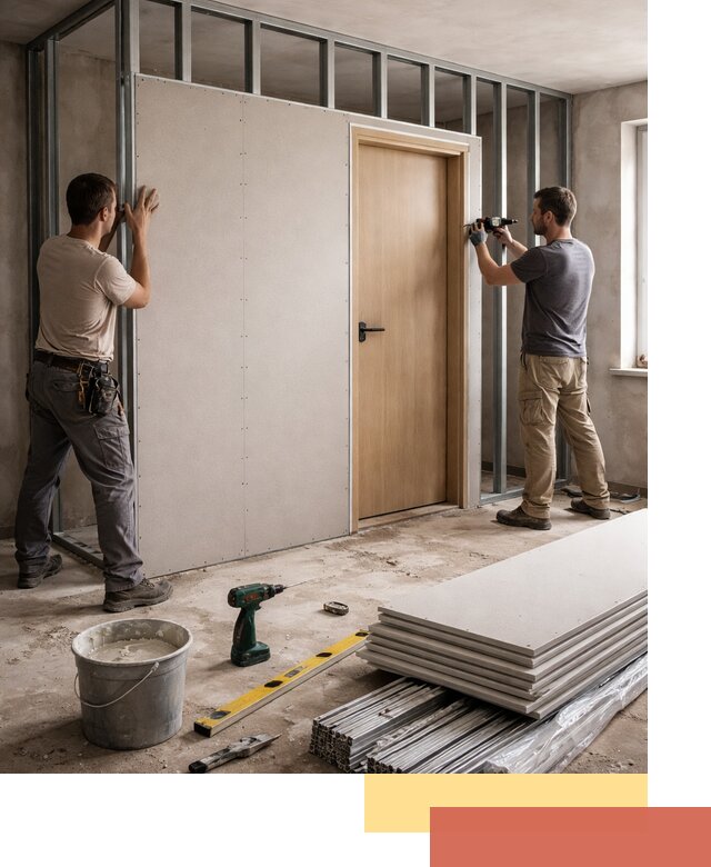 Перегородка из гипсокартона с дверью под ключ в Елабуге