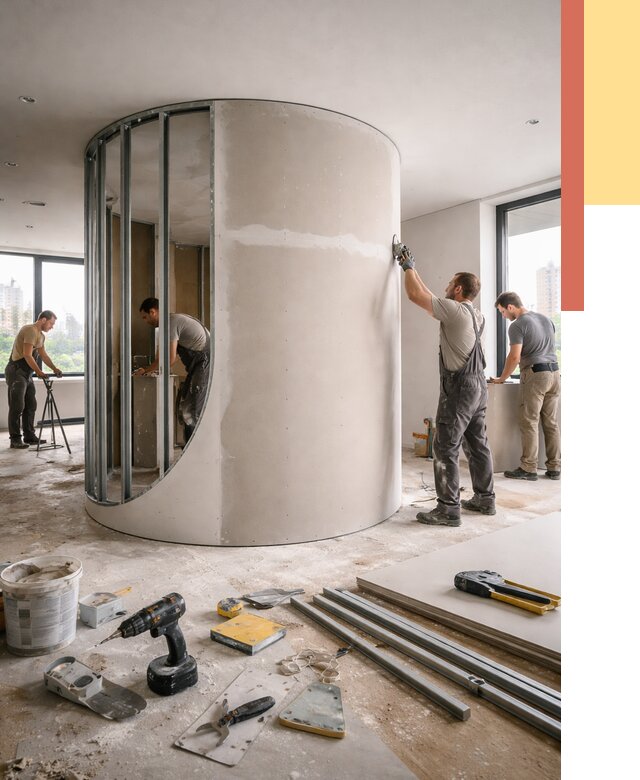 Радиусная перегородка из гипсокартона в Елабуге от 2937 руб. под ключ | ОТДЕЛОЧНИК-Лбг