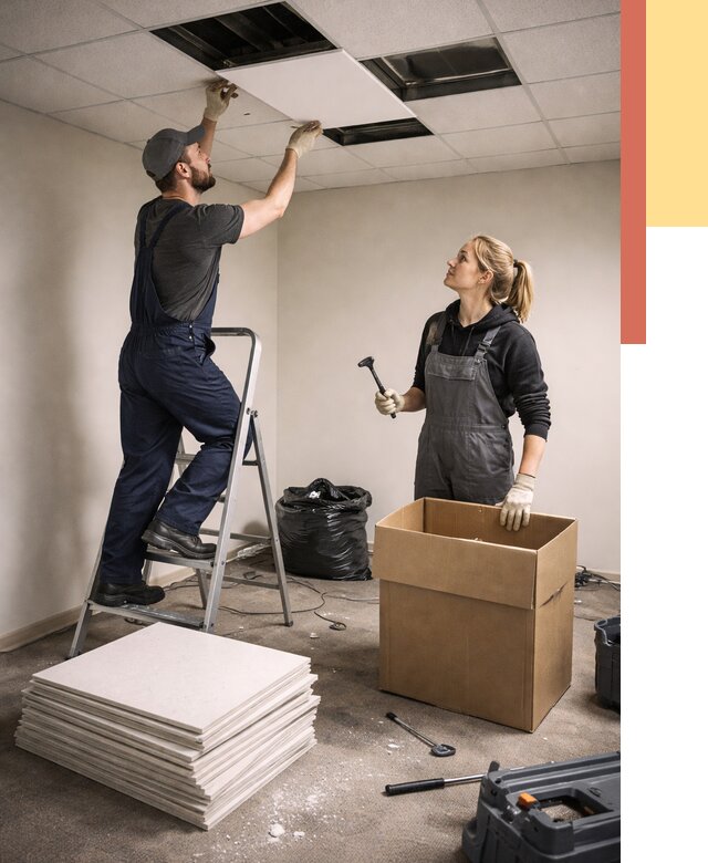 Демонтаж потолочной плитки в Елабуге от 4558 руб. быстро и недорого | ОТДЕЛОЧНИК-Лбг