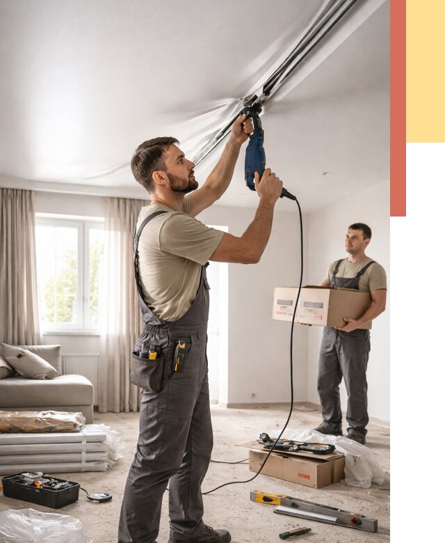 Монтаж сатинового натяжного потолка в Елабуге от 3545 руб. | Быстро, недорого — ОТДЕЛОЧНИК-Лбг