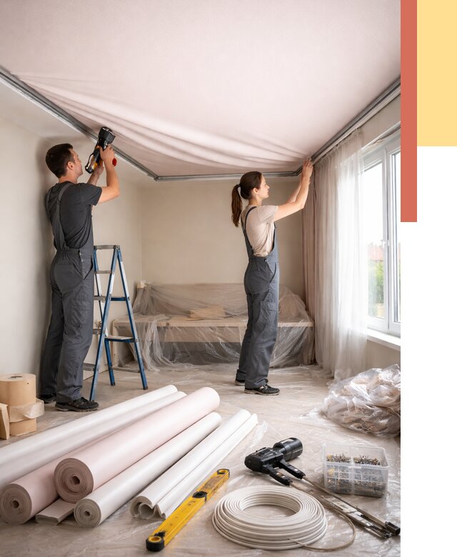 Монтаж цветного натяжного потолка в Елабуге от 4254 руб/м² — быстро и недорого | ОТДЕЛОЧНИК-Лбг