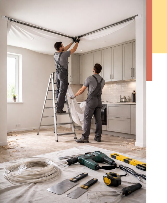 Установка натяжного потолка на кухне в Елабуге от 2431 руб. | ОТДЕЛОЧНИК-Лбг