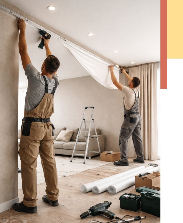 Монтаж натяжного потолка в гостиной в Елабуге от 557 руб. | ОТДЕЛОЧНИК-Лбг