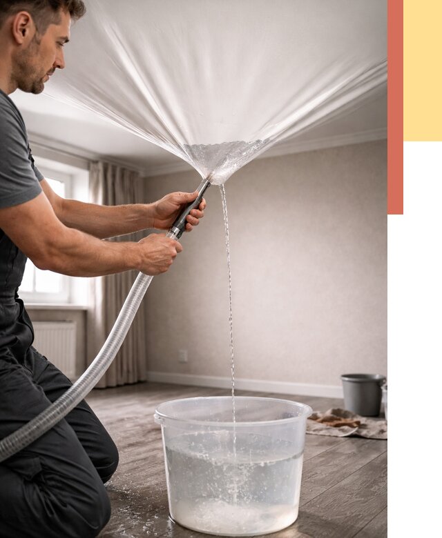 Слив воды с натяжного потолка в Елабуге от 2532 руб. быстро и недорого | ОТДЕЛОЧНИК-Лбг