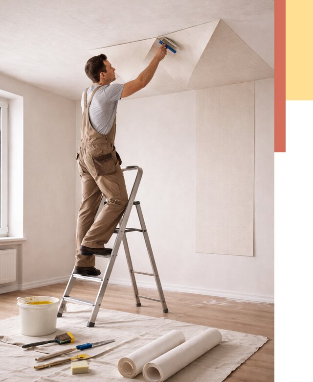 Поклейка обоев на потолок в Елабуге от 4558 руб. быстро и недорого | ОТДЕЛОЧНИК-Лбг